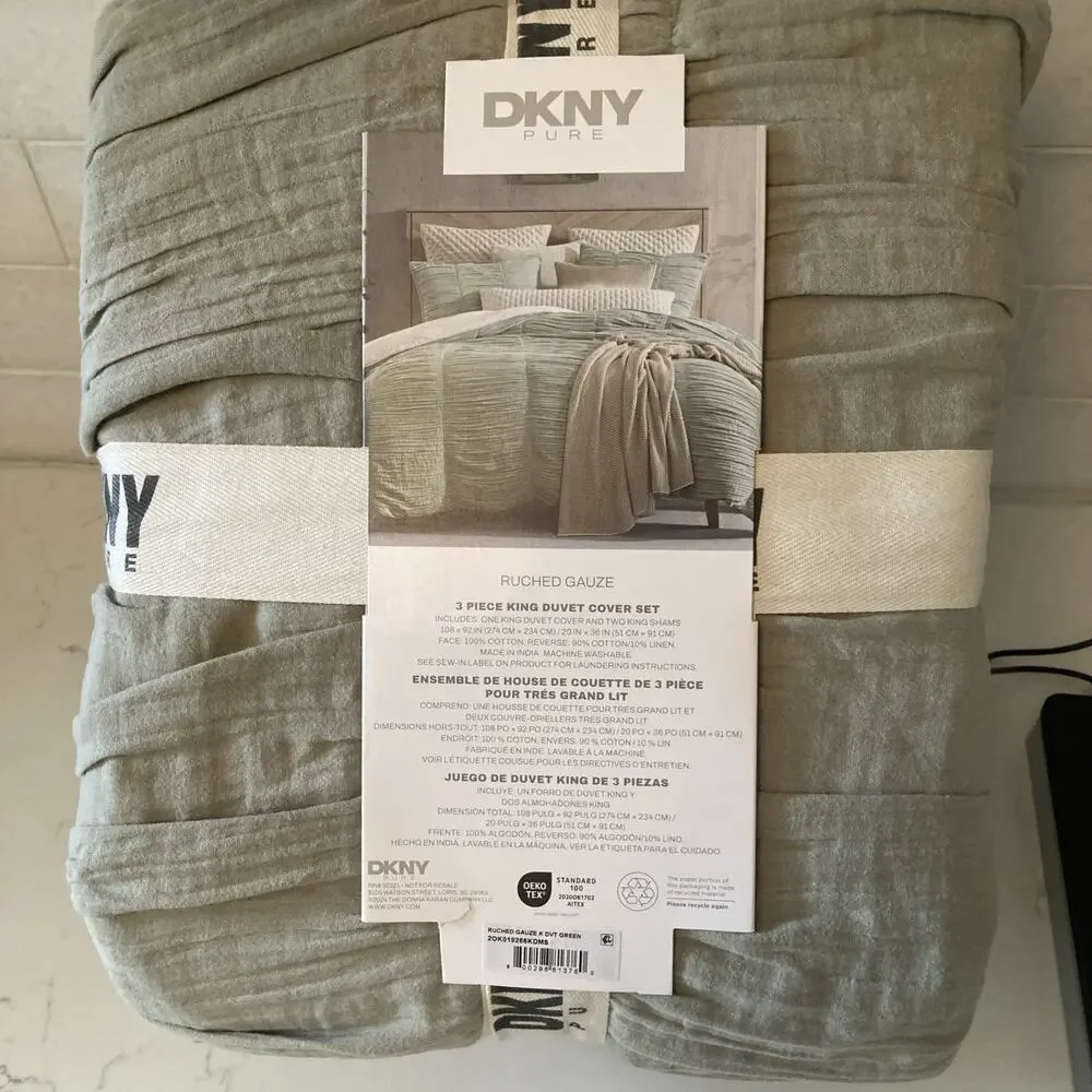 DKNY PURE Ruched Gauze Duvet Cover Set King - Green Cp. $199
